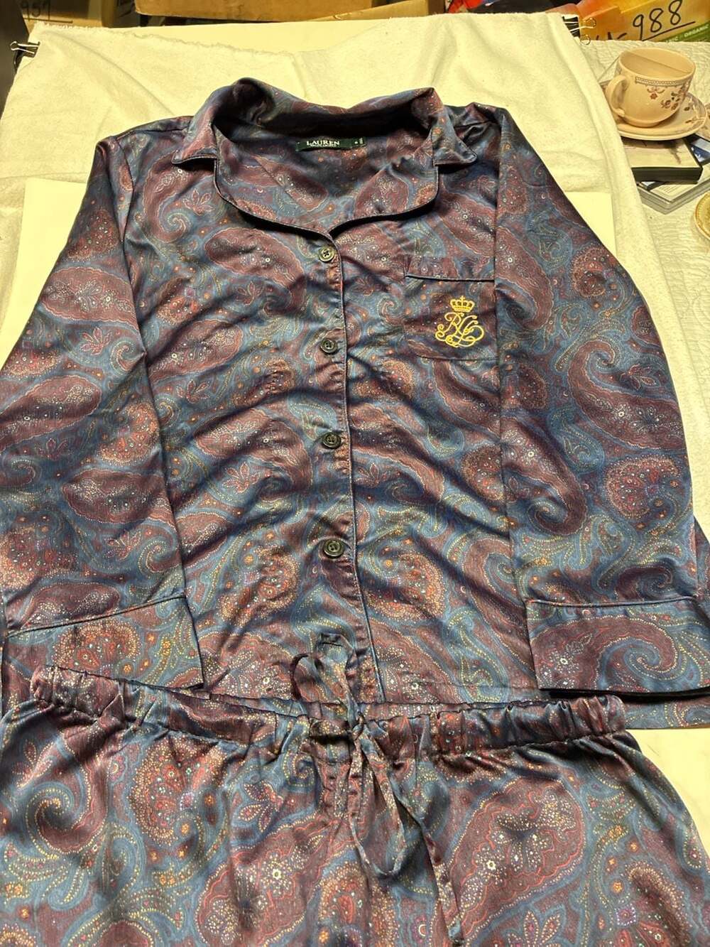 Lauren Ralph Lauren Pajama Set Size S Paisley Print Blue Red Satin
